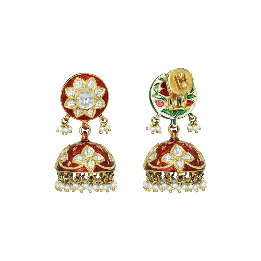 Red Enamel Polki Jhumkas with Pearls and Floral Motif